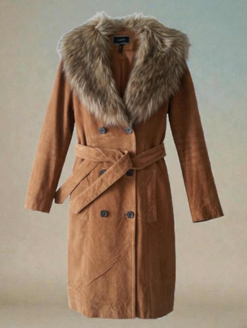 Le Chateau Classic Bohemian Suede Trench Coat with Faux Fur Collar